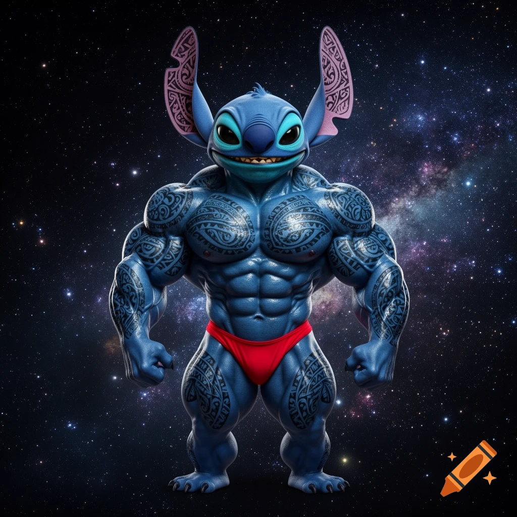 Muscular, tattooed blue alien Stitch in a red posing thong floats in space, depicted as a super-heavyweight bodybuilder.