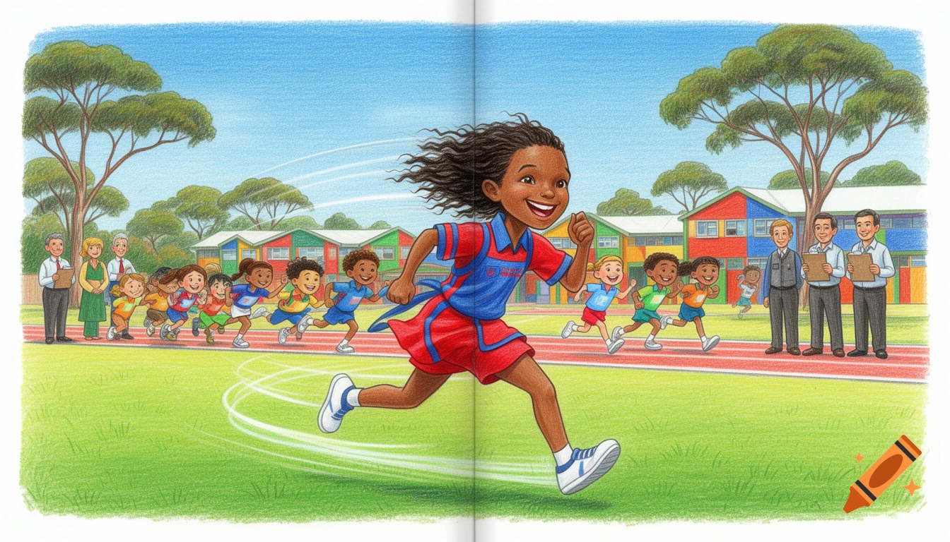 A happy Aboriginal Australian child runs a school race with other children and adults watching, in a vibrant crayon illustration style.