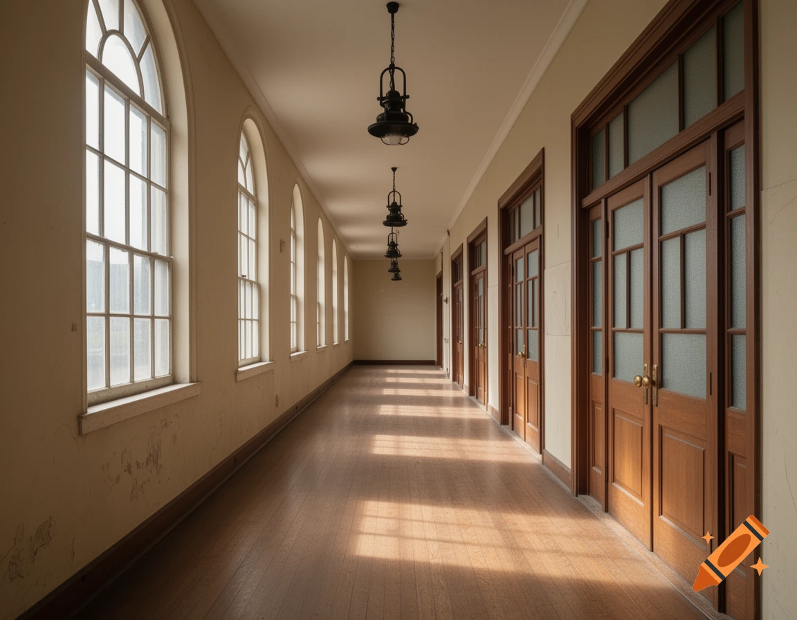 Long, empty early 20th-century school corridor with arched windows, wooden doors, and sunlit polished floor.