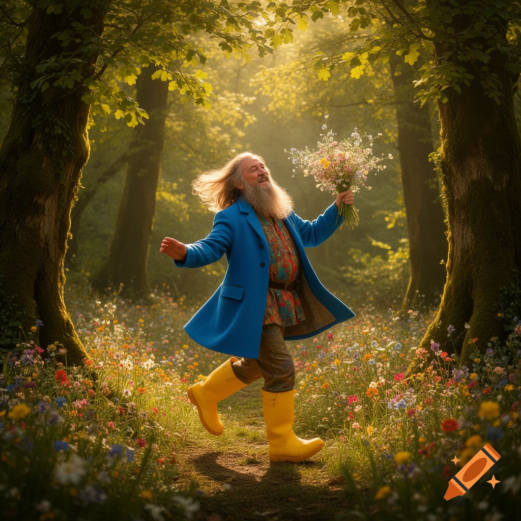 A joyful, bearded old man in a blue coat and yellow boots skips along a sun-dappled forest path, holding a bouquet of wildflowers.