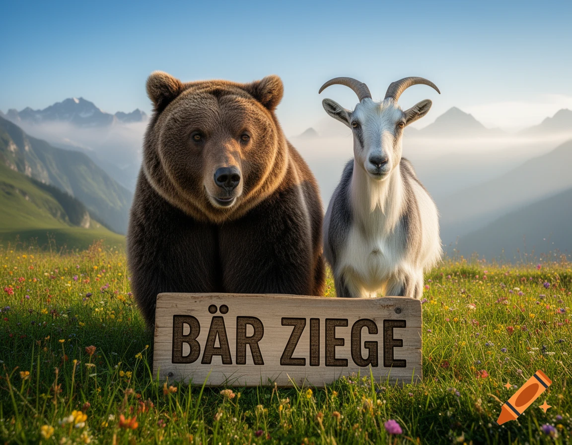 Photorealistic image of a brown bear and a white goat standing in a vibrant mountain meadow, behind a wooden sign with 'BÄR ZIEGE' on it.