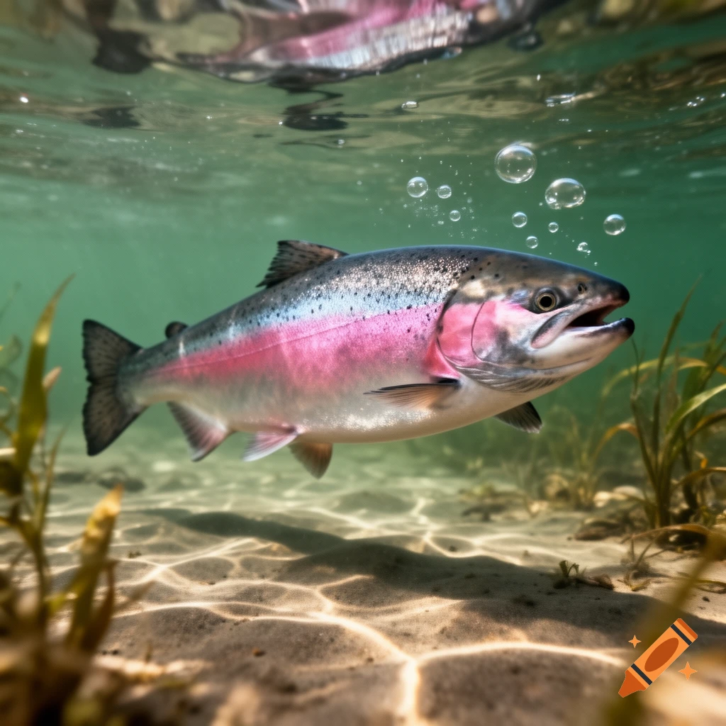 A colorful salmon swims underwater in clear green water, with bubbles and sunlight dappling a sandy riverbed.