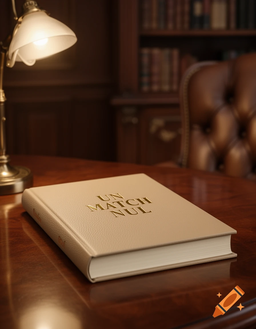 A photorealistic image of a book titled "UN MATCH NUL" on a polished wooden desk with a lamp and bookshelf.