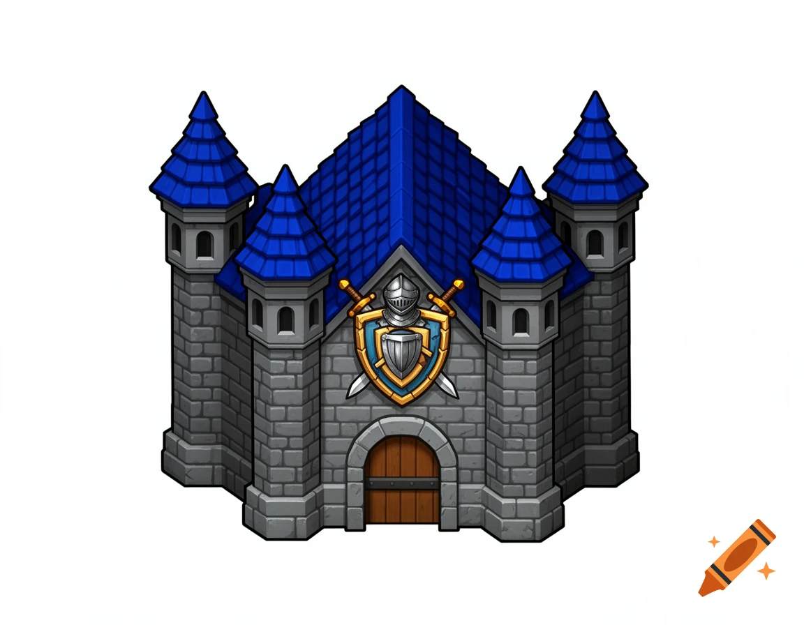 A stylized cartoon fantasy barracks building with blue roofs, grey stone walls, and a knight's shield crest, isolated on white.