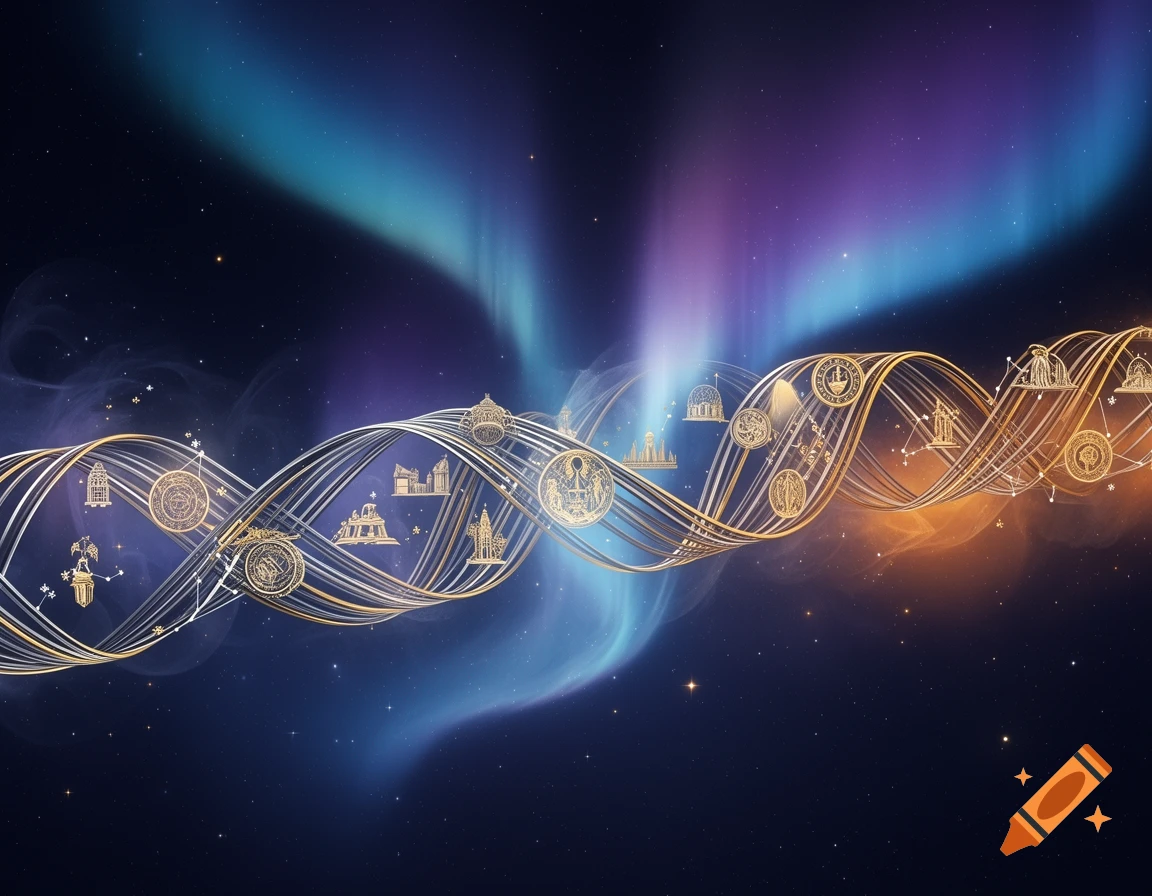 An abstract double helix, adorned with gold architectural and symbolic icons, glows against a starry cosmic background with aurora lights.