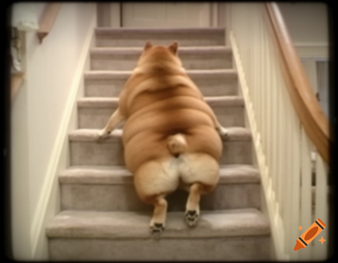 An extremely obese dog, seen from behind, slowly ascends a carpeted staircase in grainy, VHS-style footage.