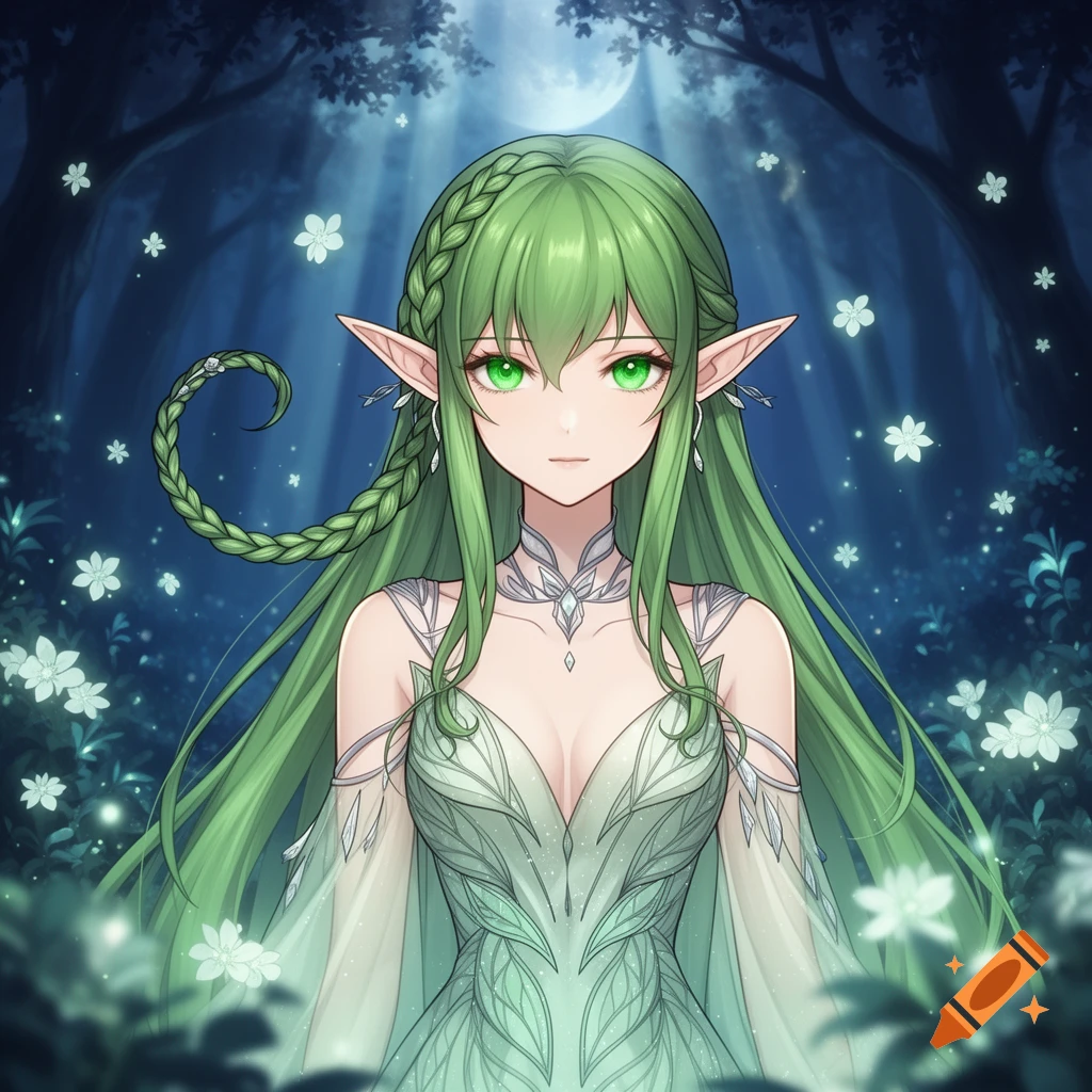 Anime art of an elf with long green hair, green eyes, and pointy ears in a white dress, against a moonlit forest background with glowing flowers.