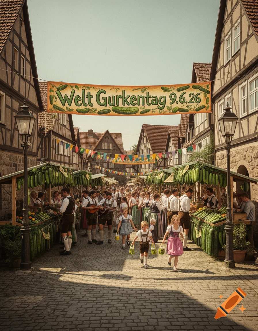 A bustling market street in a European town with people in traditional clothes, stalls of cucumbers, and a "Welt Gurkentag" banner.