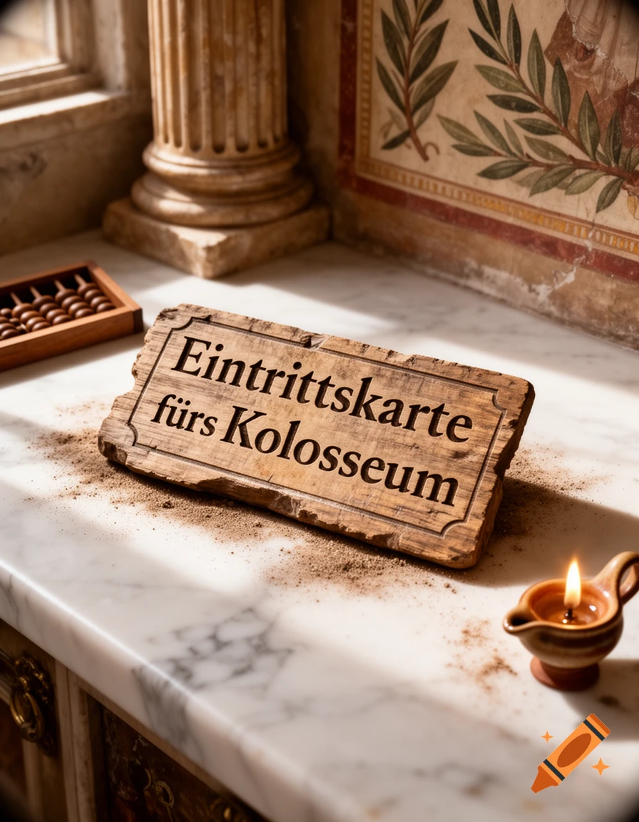 A wooden sign reading "Eintrittskarte f r s Kolosseum" on a marble table with an abacus and oil lamp, in sunlight.