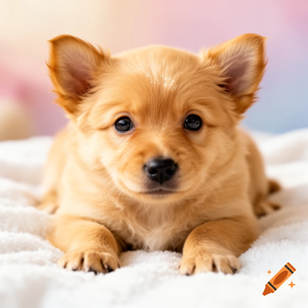 A fluffy golden-brown puppy with big black eyes lies on a white blanket with a soft pastel background.