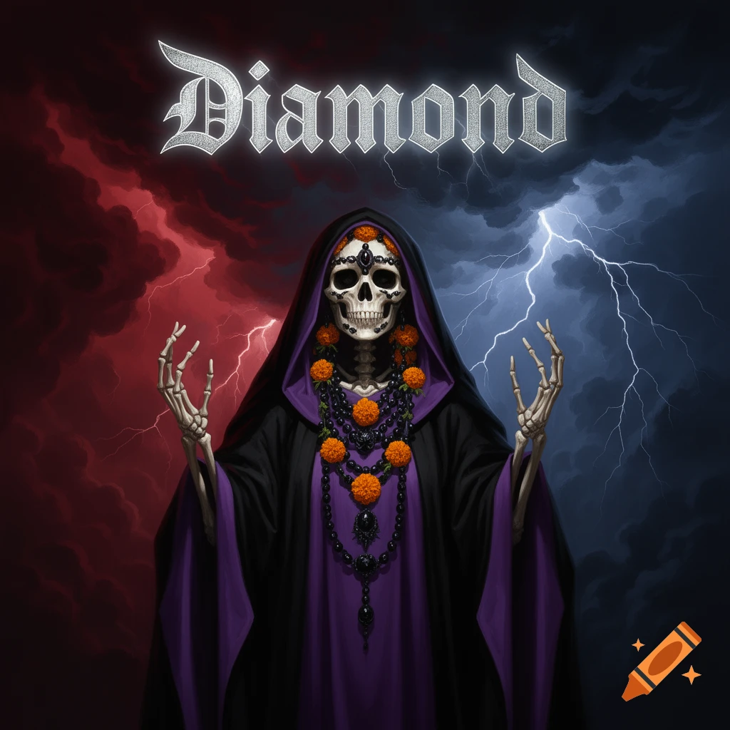 Album cover for 'Diamond' featuring a skeleton figure in a black and purple cloak adorned with marigolds and jewelry, against a stormy sky with red and blue lightning.