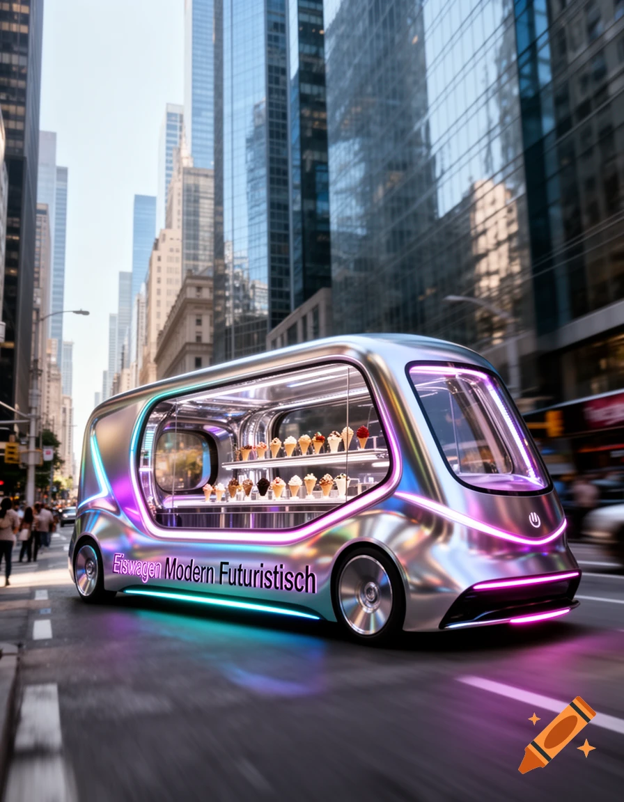 A sleek, futuristic, chrome ice cream truck with neon lights drives through a bustling city street with tall buildings.