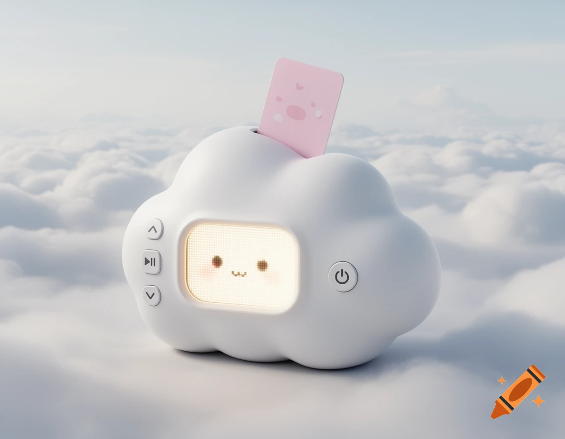 A cute white cloud-shaped media player with a glowing LED face, control buttons, and a pink card inserted on top, floating among clouds.