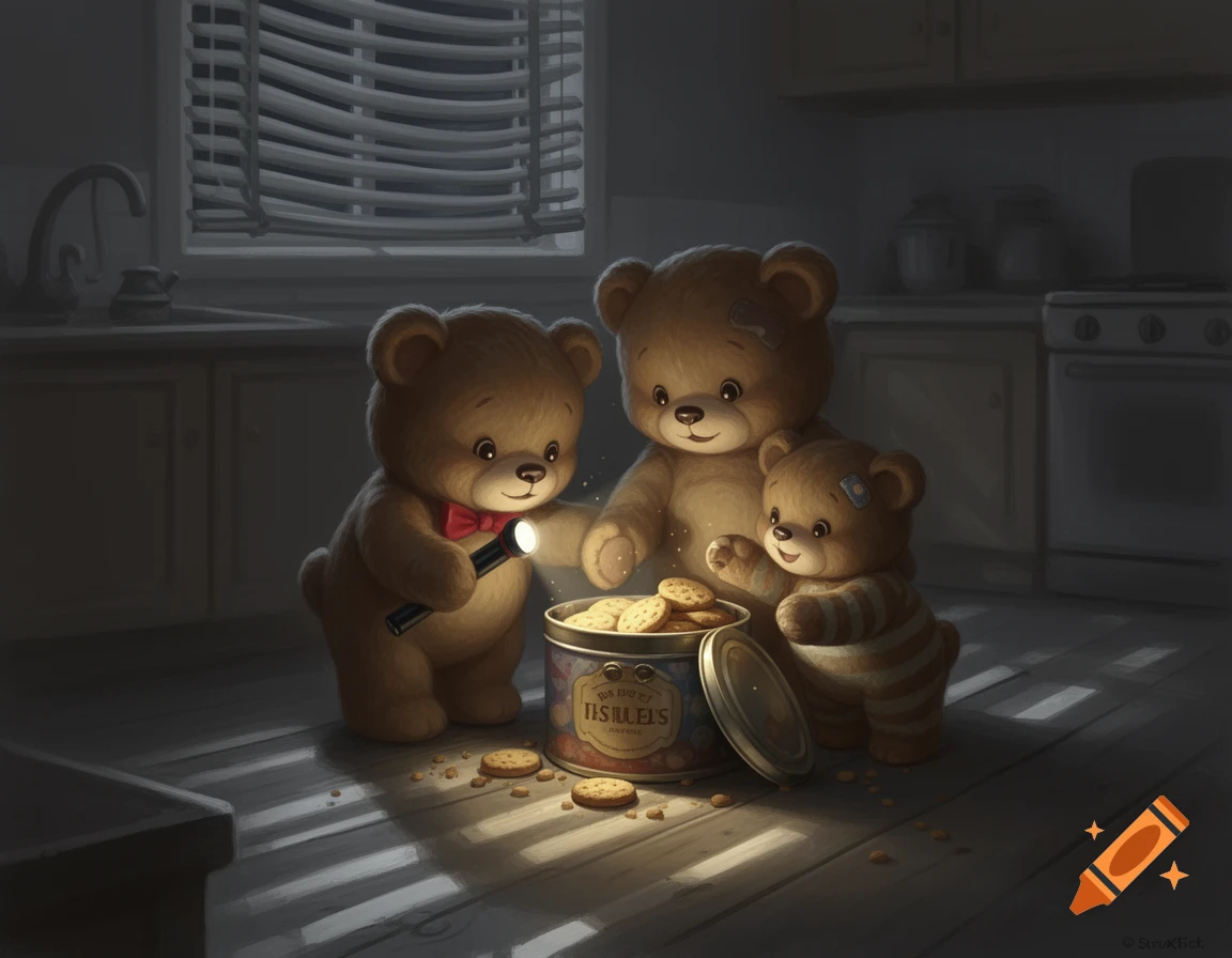 An illustrated painting of three teddy bears sneaking cookies from a tin on a dark kitchen floor, illuminated by a flashlight.