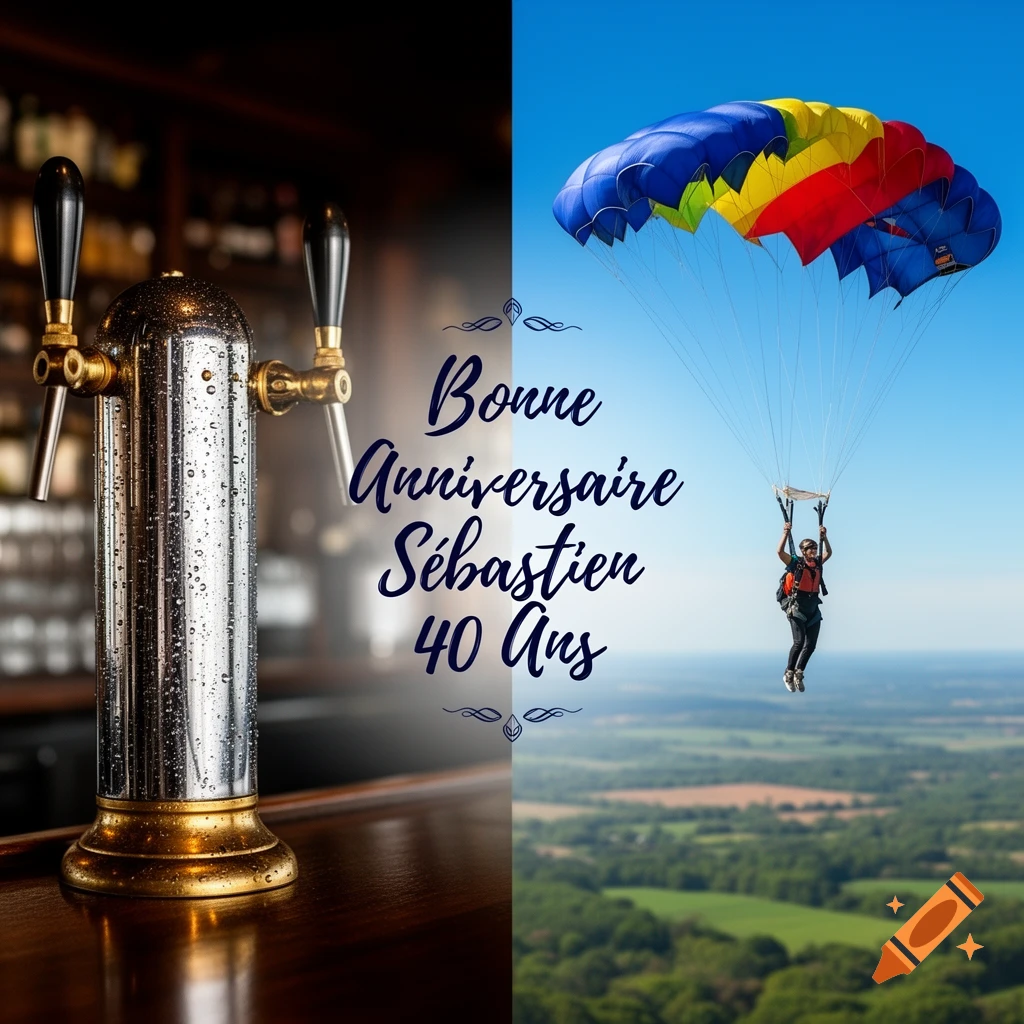 Split image: a shiny beer tap with condensation on a bar, and a person skydiving with a colorful parachute. Text: 'Bonne Anniversaire S r ébastien 40 Ans'.