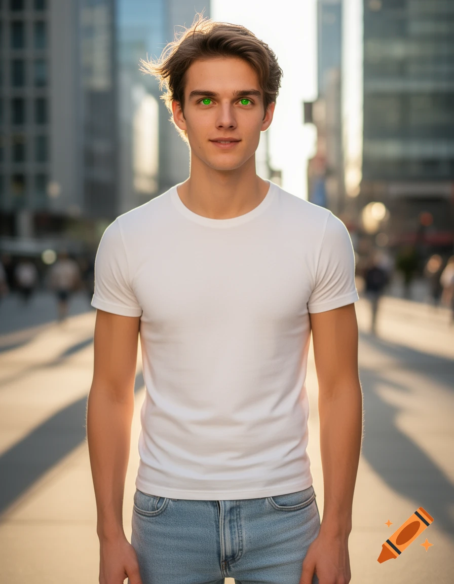 A photorealistic portrait of a young man with brown hair and green eyes in a white t-shirt, standing on a sunny city street.