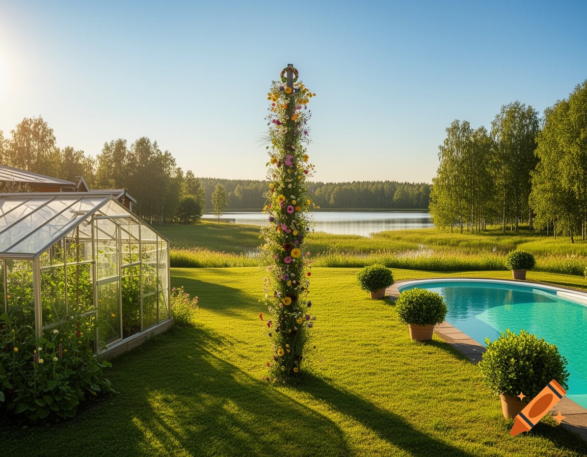 A sunny Swedish summer yard with a flower-decorated Maypole, glass greenhouse, swimming pool, and a lake in the background.