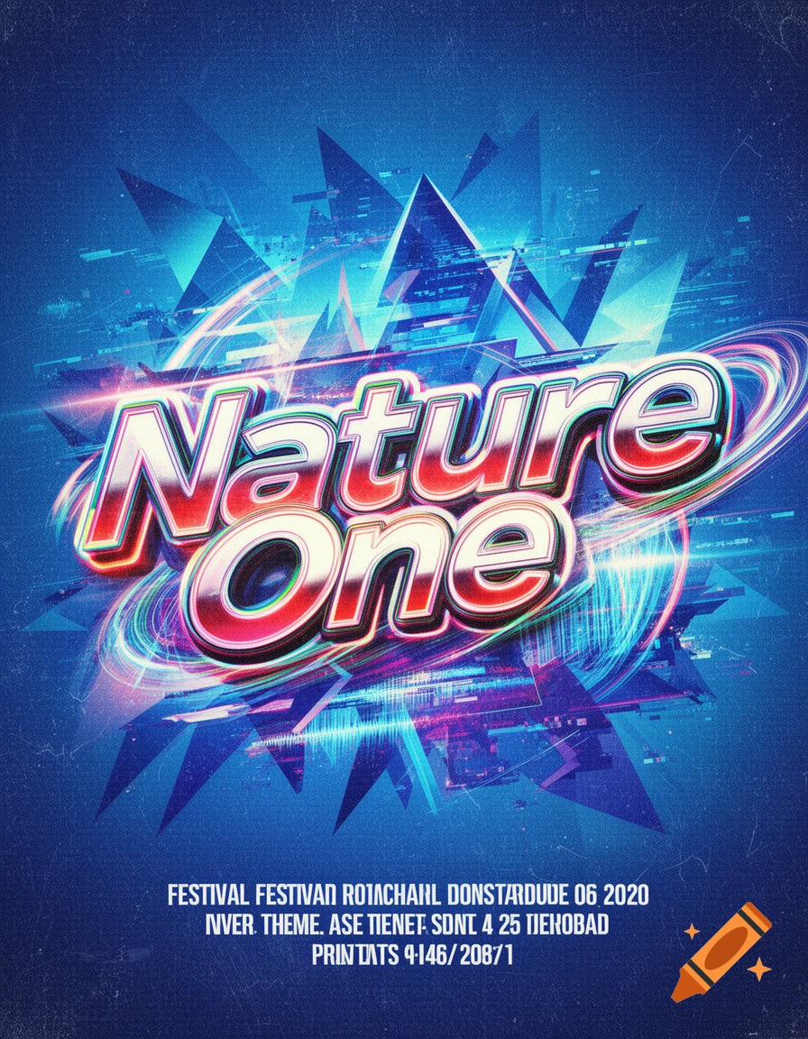 A vibrant blue flyer for "Nature One" festival in a retro 2000s style, with abstract geometric shapes and glowing light trails around the main title.