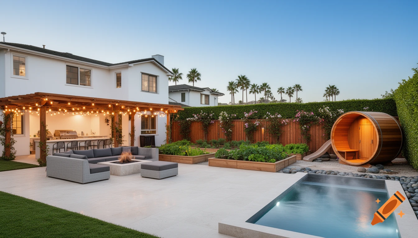 A modern Southern California backyard features a patio, outdoor kitchen, fire pit, lounge, raised garden beds, barrel sauna, and a cold plunge pool.