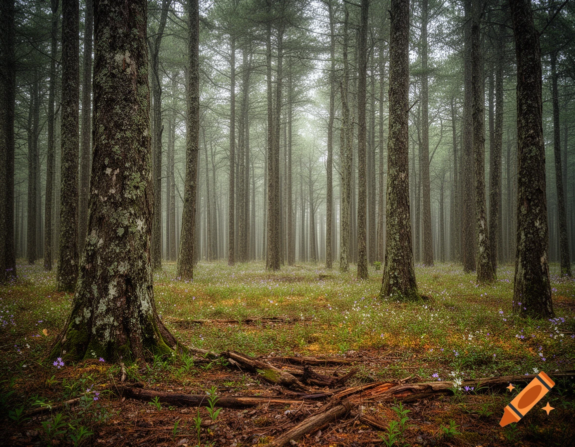 A dense, misty forest with tall trees, green foliage, and small purple and white flowers on the ground.