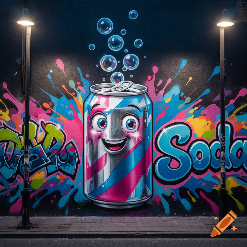 A cute, smiling pink and blue striped soda can character in a graffiti art style on a dark wall with colorful splatters, bubbles, and streetlights.