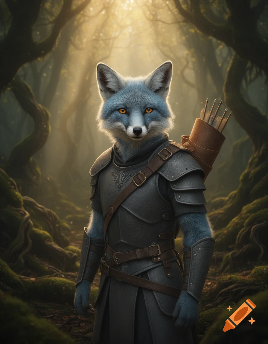A blue-grey fox-like creature in dark armor stands in a sunlit, magical forest, with a quiver of arrows on its back.