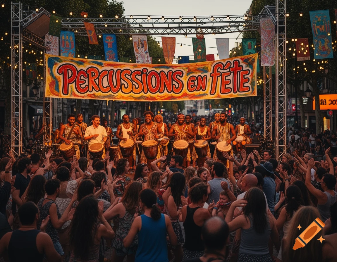 A vibrant street music festival with a band playing drums on stage and a large crowd dancing. A banner reads 'Percussions en f or '.