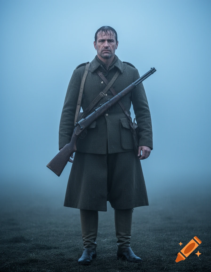 Photorealistic portrait of a stern, wet soldier in an olive uniform with a rifle, standing in a misty, desolate field.