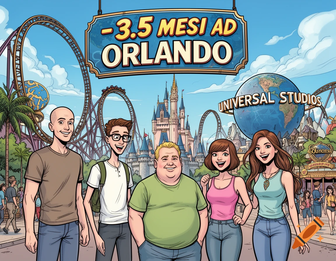 Comic book illustration of five diverse friends smiling in front of a vibrant theme park with a castle and rollercoasters.