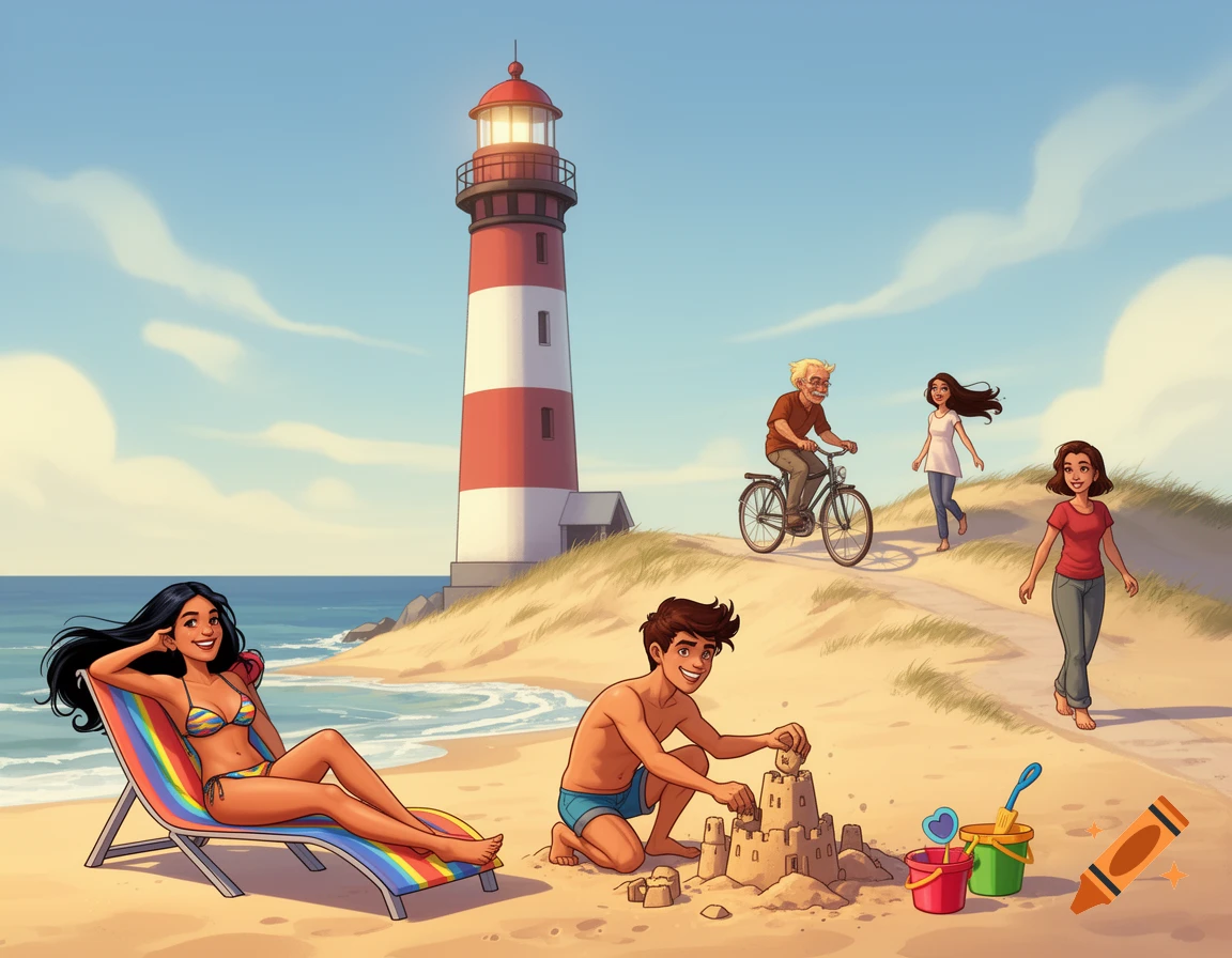 A cartoon beach scene with a lighthouse, people sunbathing, building a sandcastle, and walking on dunes.