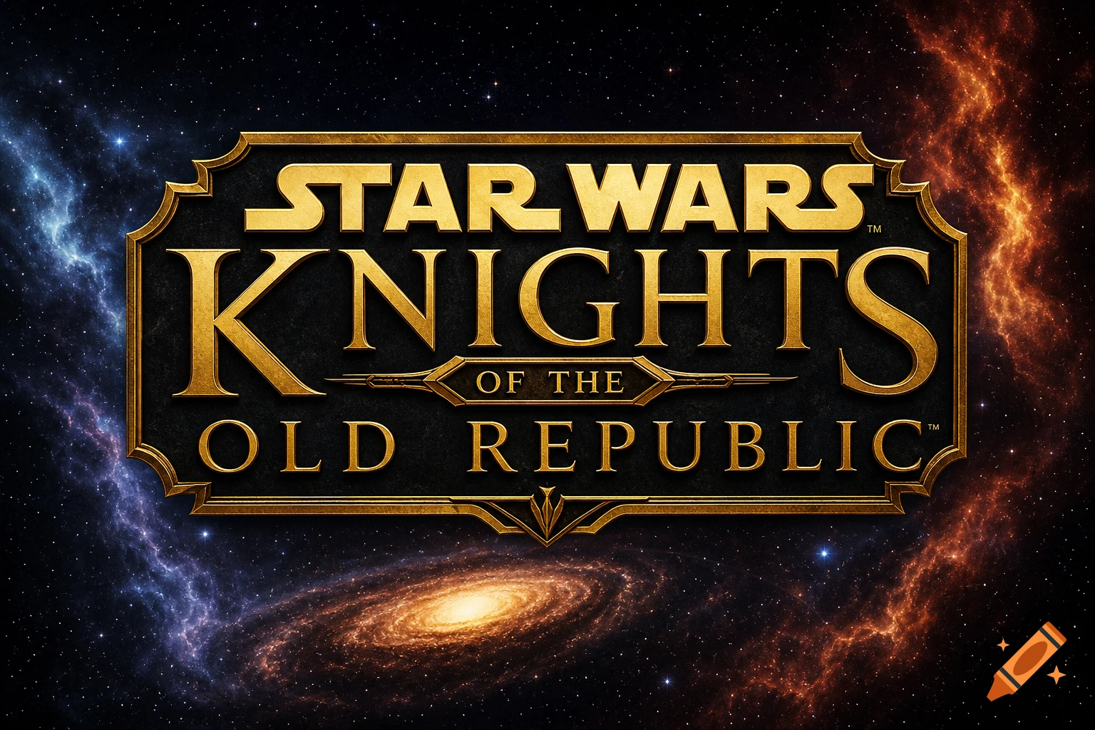 Gold 'Star Wars Knights of the Old Republic' logo on a cosmic background with blue and red nebulae.