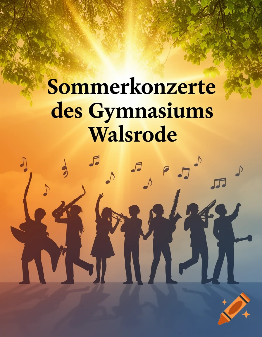 Poster with silhouettes of students playing musical instruments against a sunny sky, with text 'Sommerkonzerte des Gymnasiums Walsrode'.