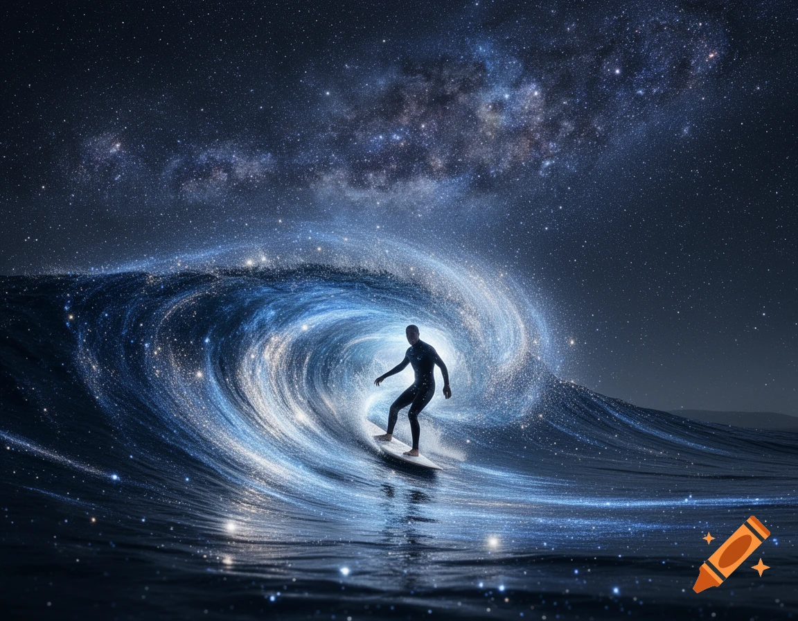 Silhouette of a surfer riding a luminous blue wave made of stars and a galaxy under a dark, starry night sky.