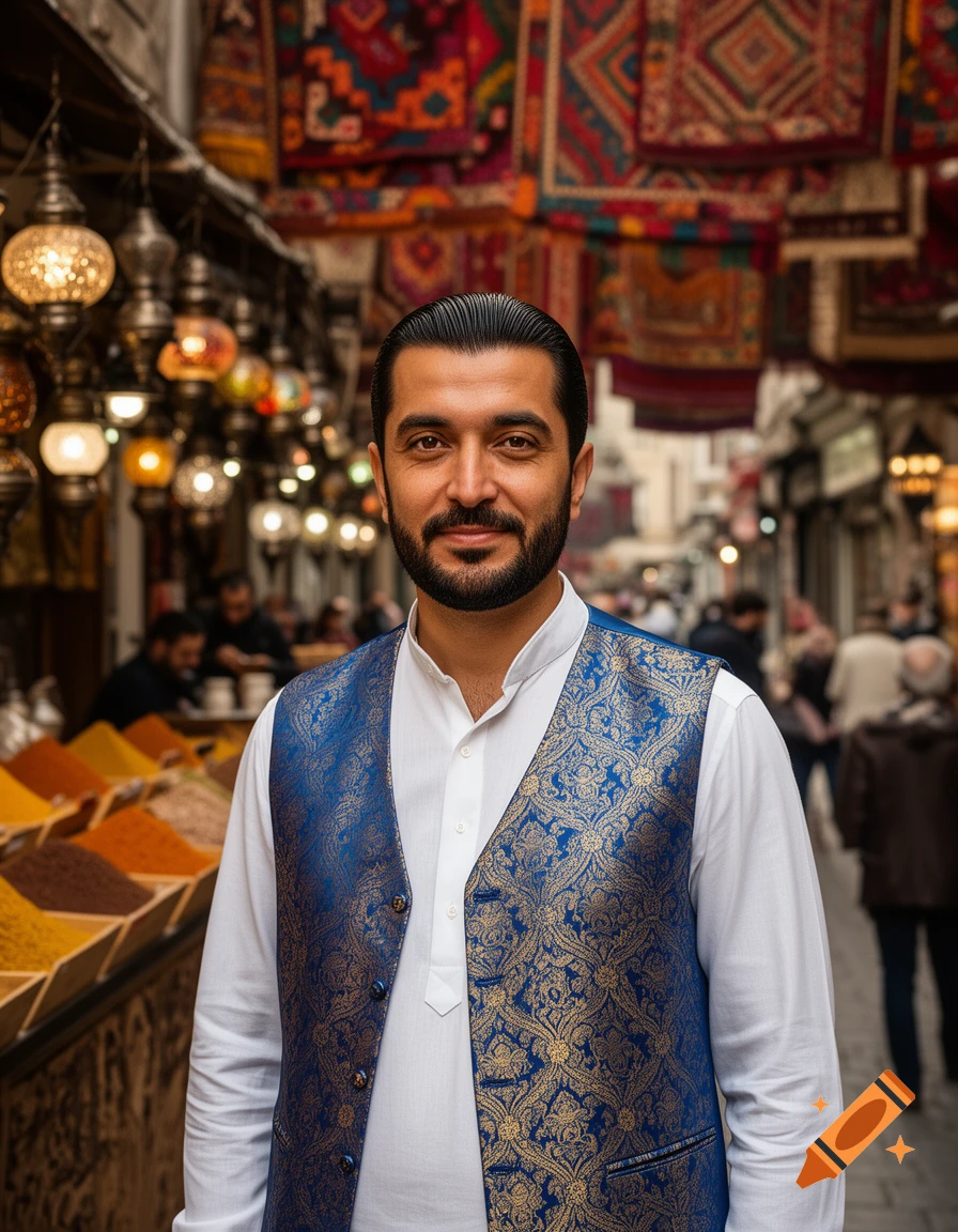 A smiling man with a beard and a blue patterned vest stands in a vibrant market stall with spices, lamps, and rugs.
