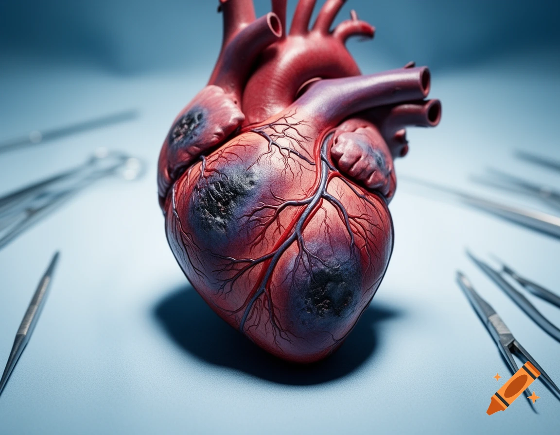 Close-up, photorealistic image of a human heart with dark, bruised areas, surrounded by surgical instruments on a blue surface.