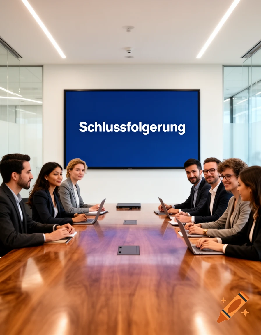 Business professionals sit at a conference table with laptops, a large screen behind them displaying 'Schlussfolgerung' in a modern office.