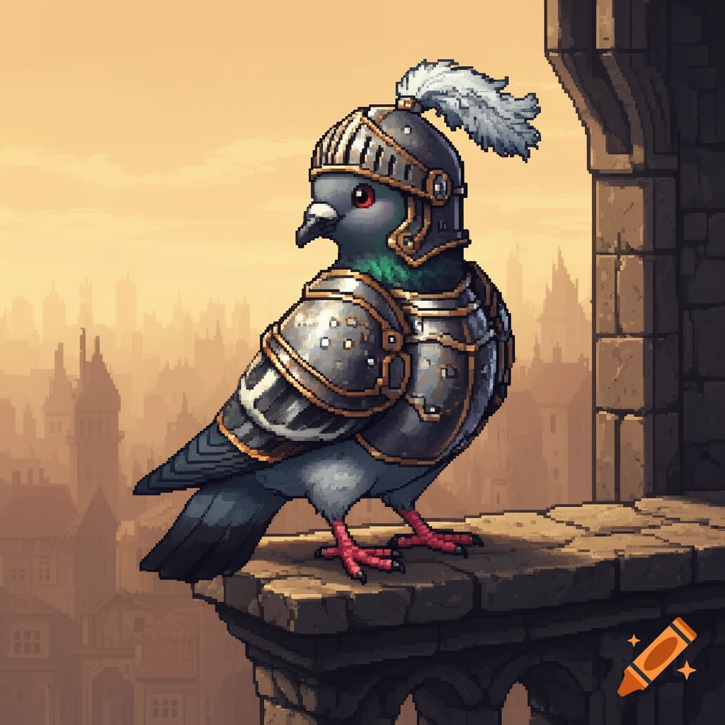 A pixel art pigeon in platemail armor and a feathered helmet perches on a stone ledge, overlooking a pixelated city skyline.