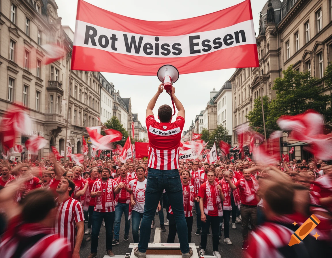 A man with a megaphone addresses a large crowd of 'Rot Weiss Essen' football fans under a banner on a city street, with flags waving.