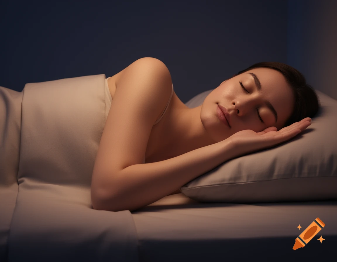 A photorealistic image of a woman sleeping peacefully on her side in a dimly lit bedroom, head resting on a pillow.