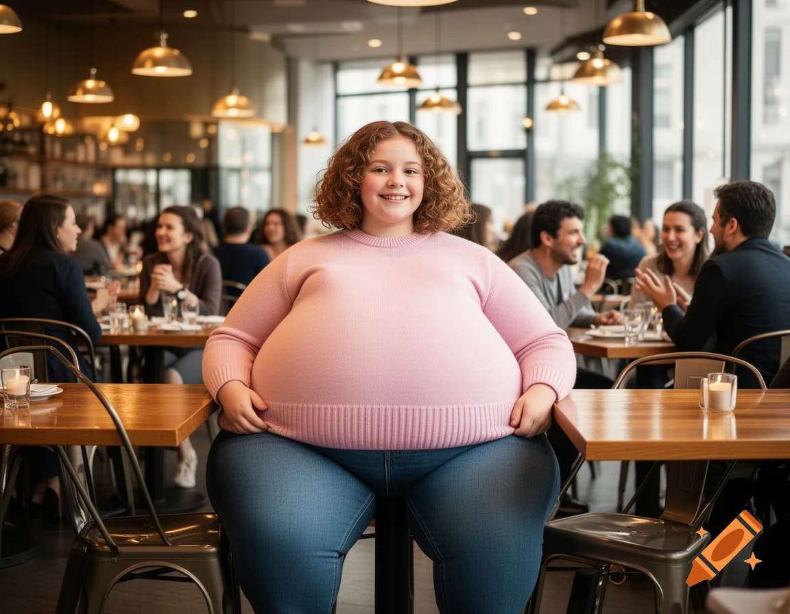 A smiling girl with a very large, round body sits at a table in a bustling restaurant.