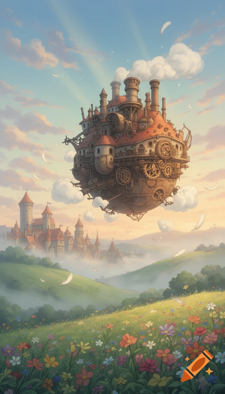 A large, intricate steampunk-style flying castle hovers above a vibrant flower field and a medieval castle under a cloudy sky, in an anime art style.
