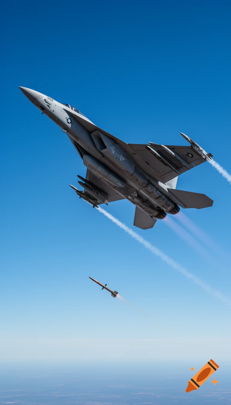 A photorealistic grey American fighter jet ascends in a clear blue sky, deploying a missile with a fiery trail and leaving contrails.