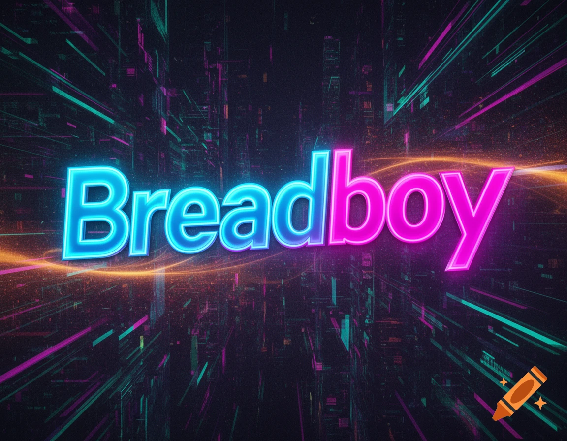 Glowing blue and pink neon text 'Breadboy' on a dark, futuristic digital background with vibrant light streaks.