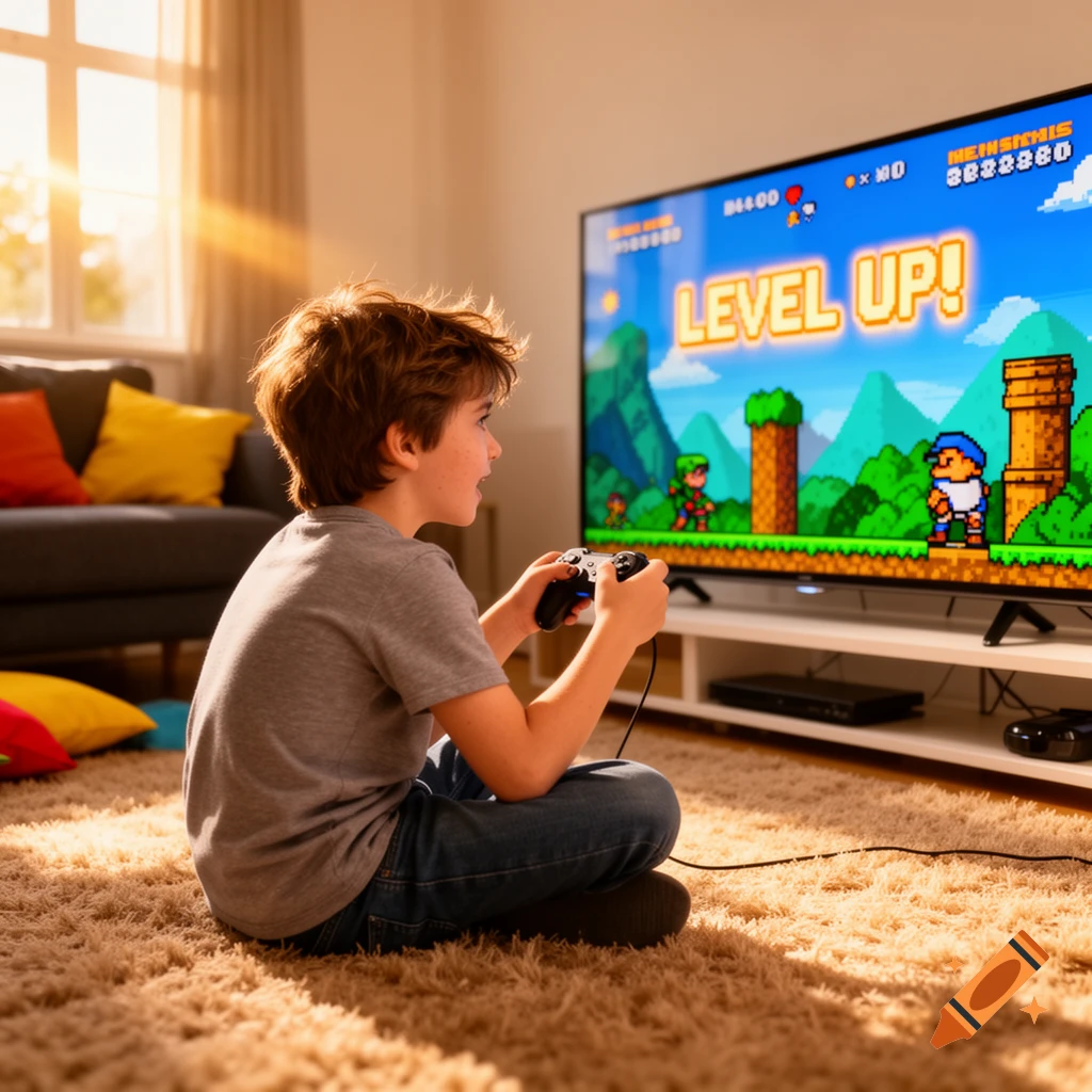 A boy sits on a rug in a sunlit living room, intently playing a retro-style video game on a large TV.
