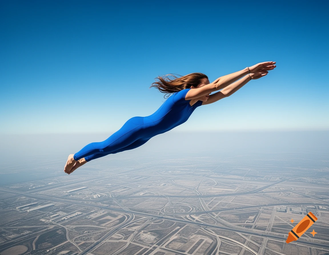 A woman in a blue suit is mid-air, diving over a sprawling cityscape with a clear blue sky above.