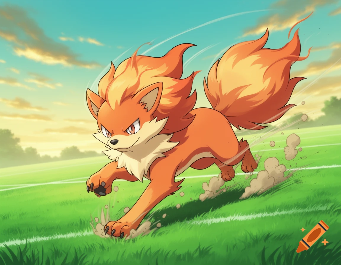 A vibrant orange fox-like Pokémon with fiery fur sprints across a green sports field with white lines.