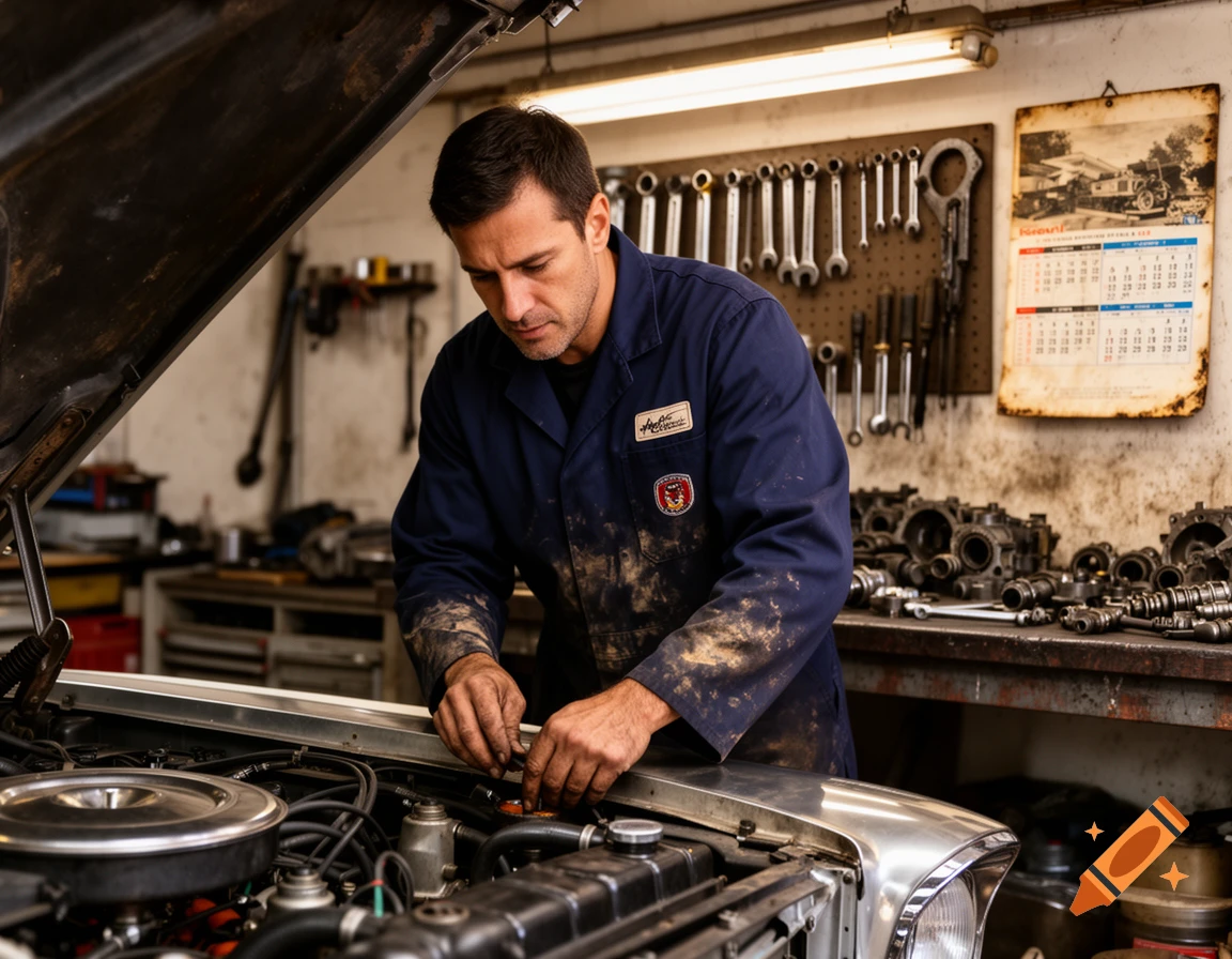 A male mechanic in a blue, oil-stained jumpsuit works on the open engine of an older car in a garage, in a photorealistic style.