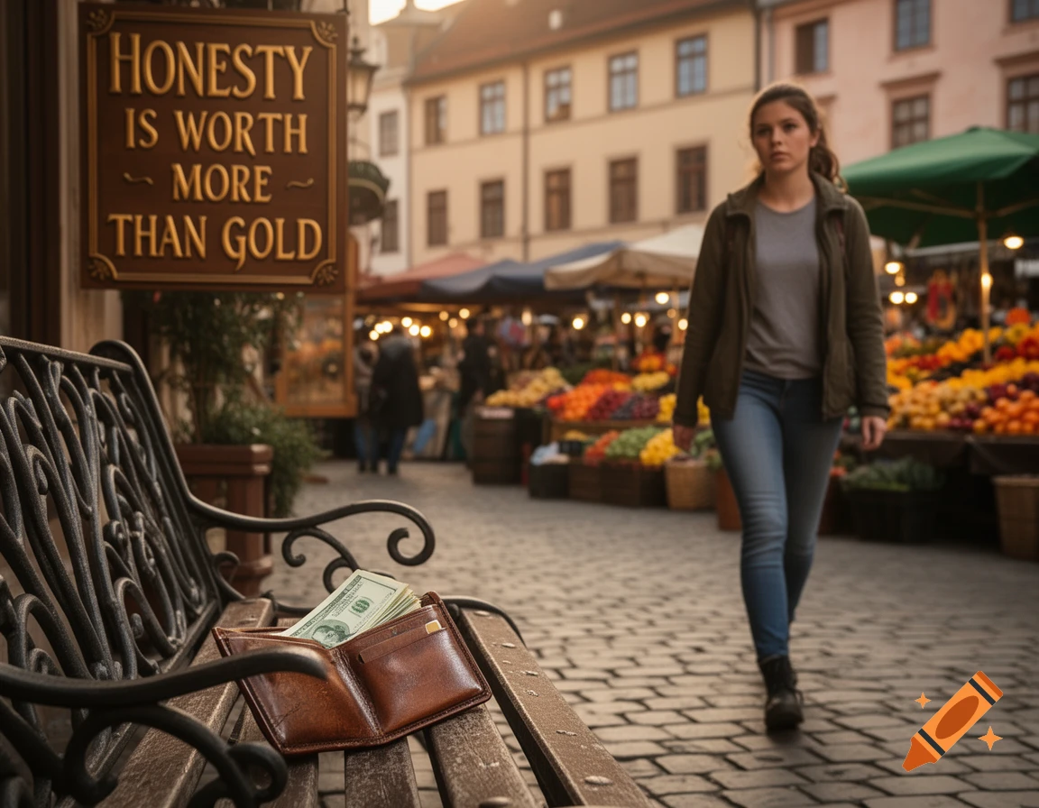 A woman walks past a market, a wallet with money on a bench in the foreground, and a sign reads 'Honesty is worth more than gold'.