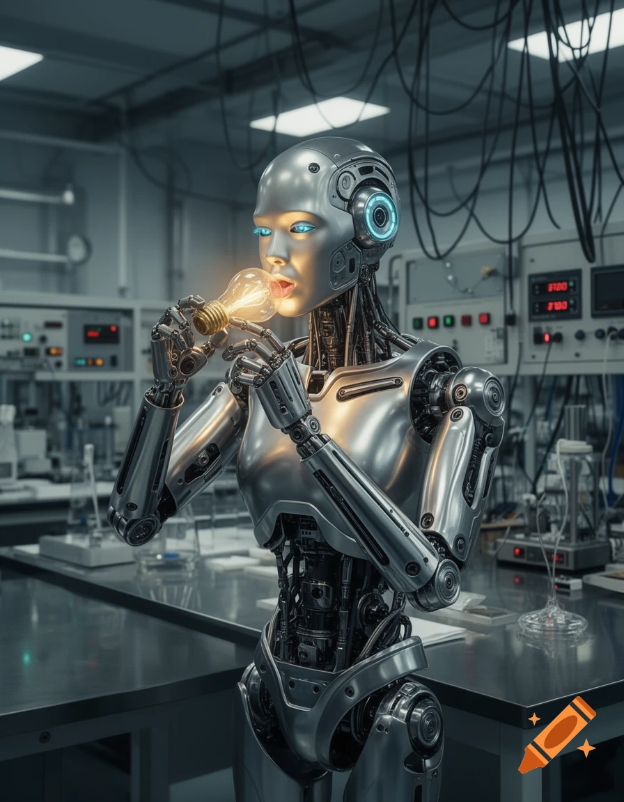 A photorealistic silver robot in a lab holds a glowing light bulb to its open mouth.