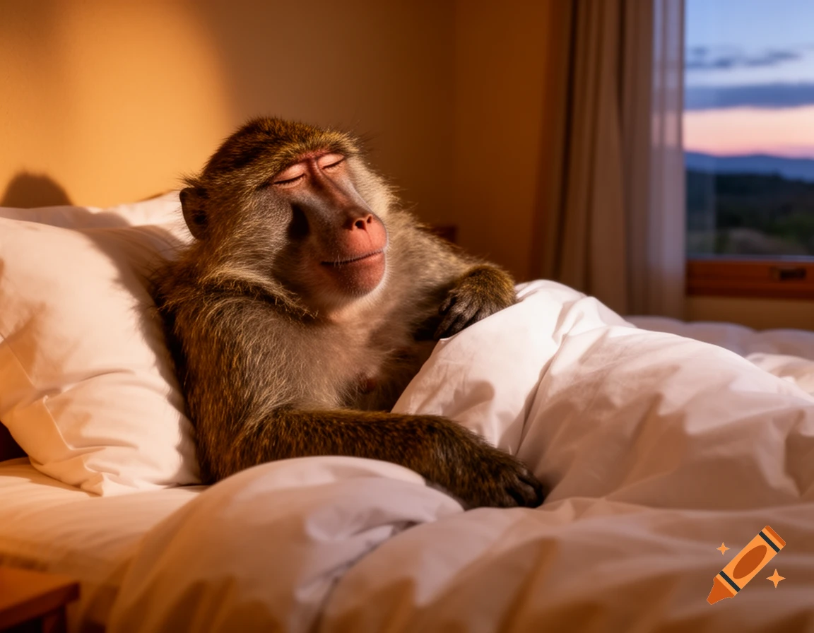 A photorealistic baboon sleeping soundly in a comfortable bed at sunset.